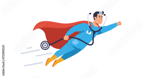 A superhero doctor soars in a blue uniform and red cape stethoscope around his neck with action streaks behind him
