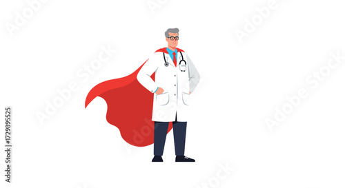 A superhero doctor stands in a white coat and red cape hands on hips