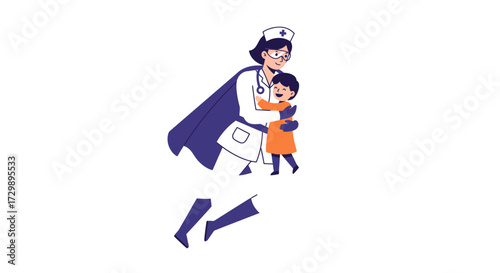A superhero nurse in a cape hugs a child while flying upwards