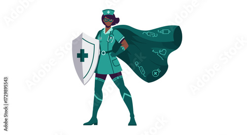 A superhero nurse stands firm shield in hand cape billowing with medical symbols