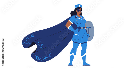 A superhero nurse stands with cape mask  shield personifying strength  healthcare