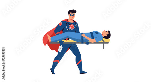A superhero paramedic carries a patient on a stretcher