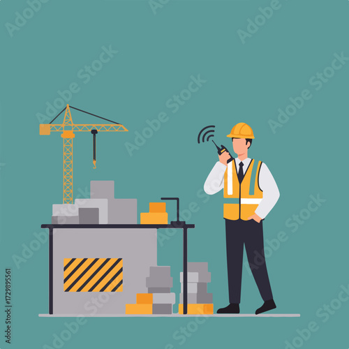An illustration of a construction site worker in a hardhat and safety vest using a walkie-talkie with a crane and building materials in the background.