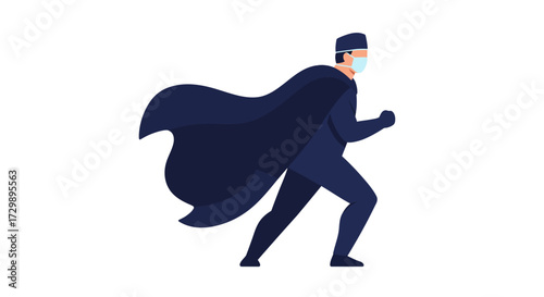 A superhero nurse with cape scrubs and mask is ready to help