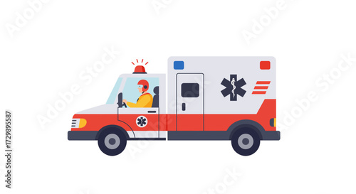 Ambulance with driver red siren on top emergency medical service symbol on side flat vector illustration