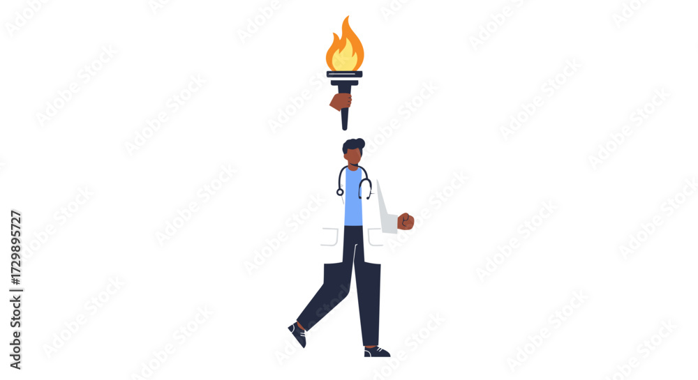 Fototapeta premium Doctor in white coat walking with a torch above his head
