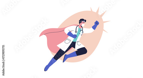 Doctor in superhero pose with mask cape and fist raised in front of an oval shape with spikes