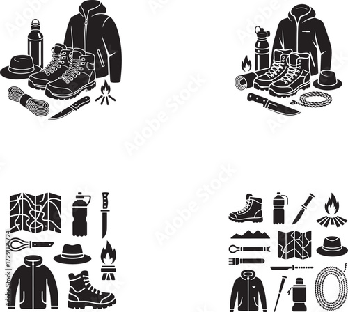 Outdoor adventure gear icons camping hiking