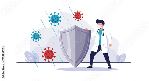 Doctor shields against stylized viruses in a vibrant cartoonish medical illustration