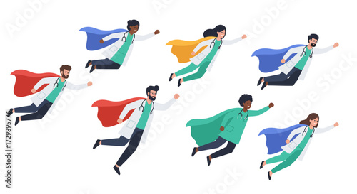 Group of diverse doctors portrayed as superheroes in flight