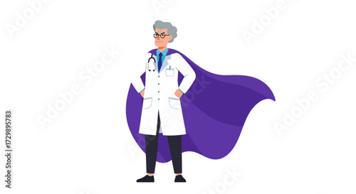 Grayhaired doctor wearing a lab coat tie and a purple cape hands on hips in a resolute pose