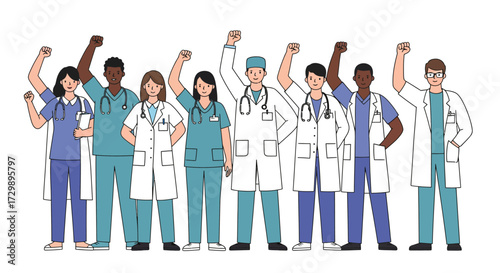 Group of healthcare workers with raised fists in blue and white scrubs and coats
