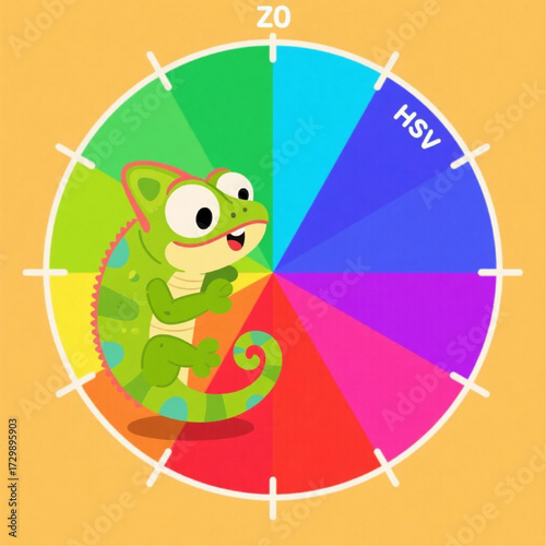 Cartoon chameleon changing colors in HSV wheel