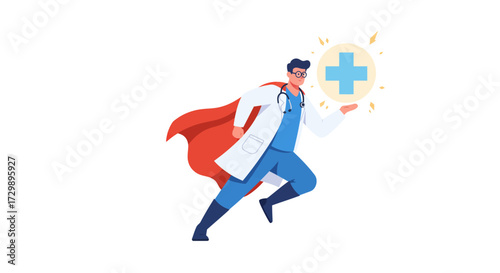 Superhero doctor wearing a cape and holding a symbol of health
