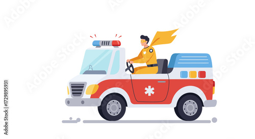 Superhero drives a playful ambulance with lights  cape