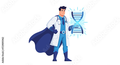 Superhero doctor with cape holding DNA helix illustration