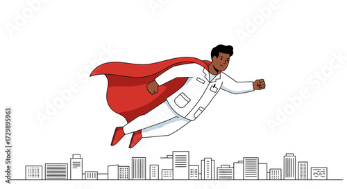 Superhero medic in a white coat and red cape soars over a cityscape