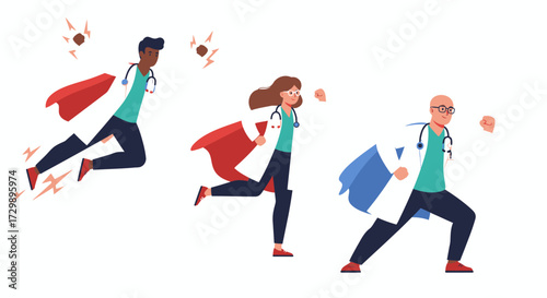 Three doctors wearing capes pose as superheroes against a plain background