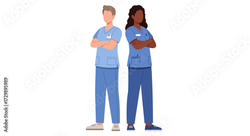 Two health workers in blue scrubs stand with arms crossed against a white backdrop