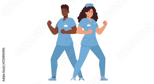 Two nurses in blue scrubs standing back to back with fists up