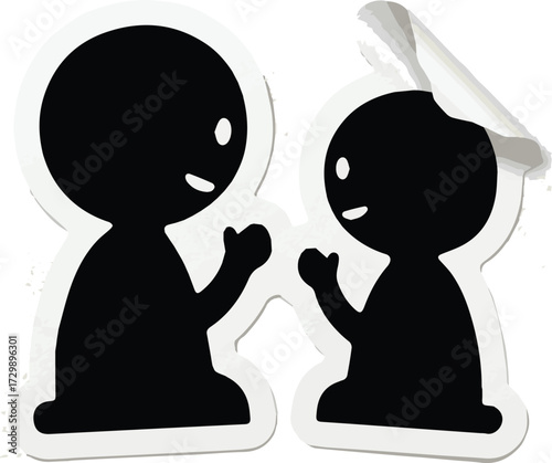 Minimalist sticker icon of two simple black figures in conversation. A symbol of communication, dialogue, social interaction, and connection