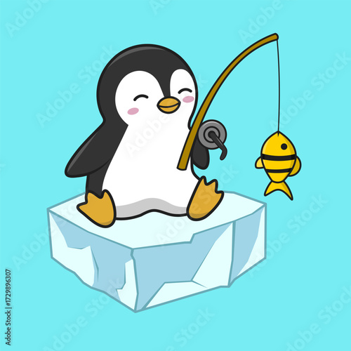 A funny cartoon penguin character on ice fishing with a heart-shaped design for a fun holiday illustration vector