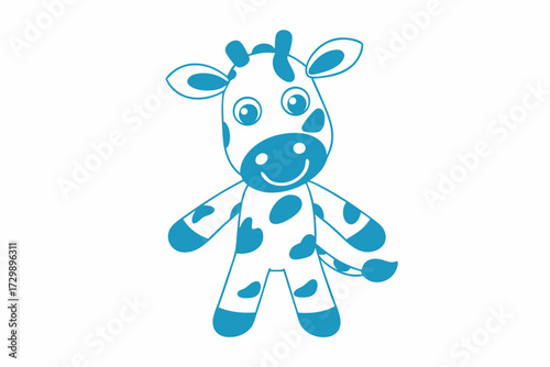 Cartoon giraffe shows a happy smile and stands cheerfully in monochrome blue outline