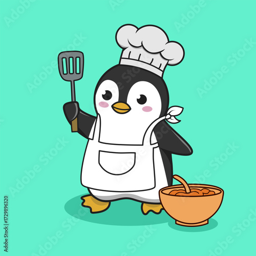 A funny cartoon penguin in chef with hat and apron is holding a pan while cooking a tasty meal in his kitchen
