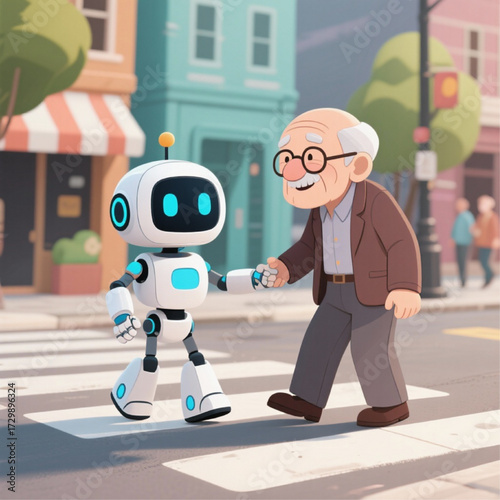Cute robot helping an old man cross the street