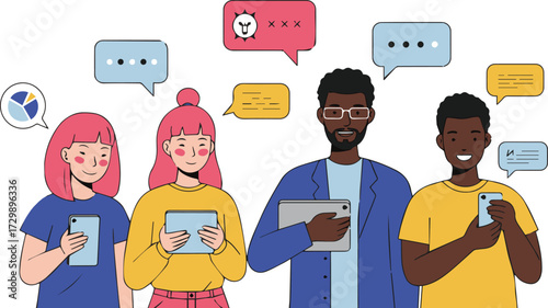 A diverse group of individuals engaging in digital communication and social networking using smartphones and tablets, with message bubbles overhead