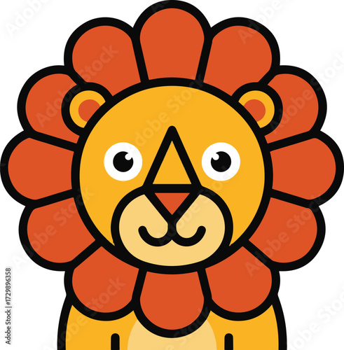 A bold and friendly cartoon lion face or avatar illustration, featuring a stylized orange mane and a golden-yellow muzzle. It uses a simple, geometric, and clean flat design style.