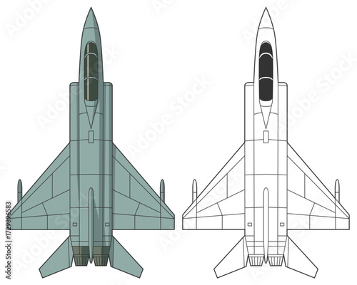 Set chengdu j-8 military aircraft design in line art and colored style from top view. Vector illustrations colorful j16 fighter jet. Outline drawing modern chinese combat aircraft.