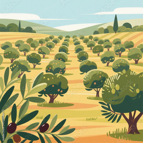 Olive grove plantation illustration