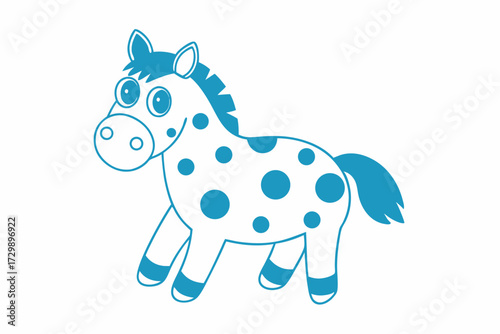 Cartoon pony with blue spots outlined in blue walks across a clean white background