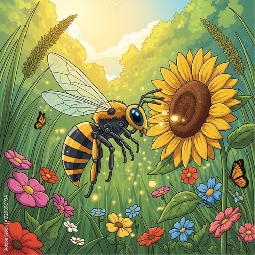 robot_bee_pollinating_flowers_cartoon