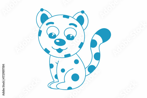 Cartoon spotted white cat with big eyes sits patiently waiting quietly