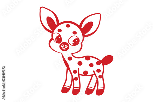 Cartoon style fawn with red spots and big ears stands playfully against white