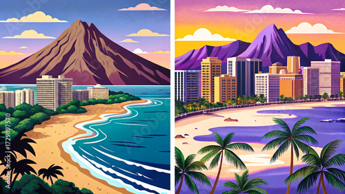 Honolulu Hawaii, tropical beaches, volcanic mountains, Pacific paradise, Simple cartoon design Flat style vector illustration