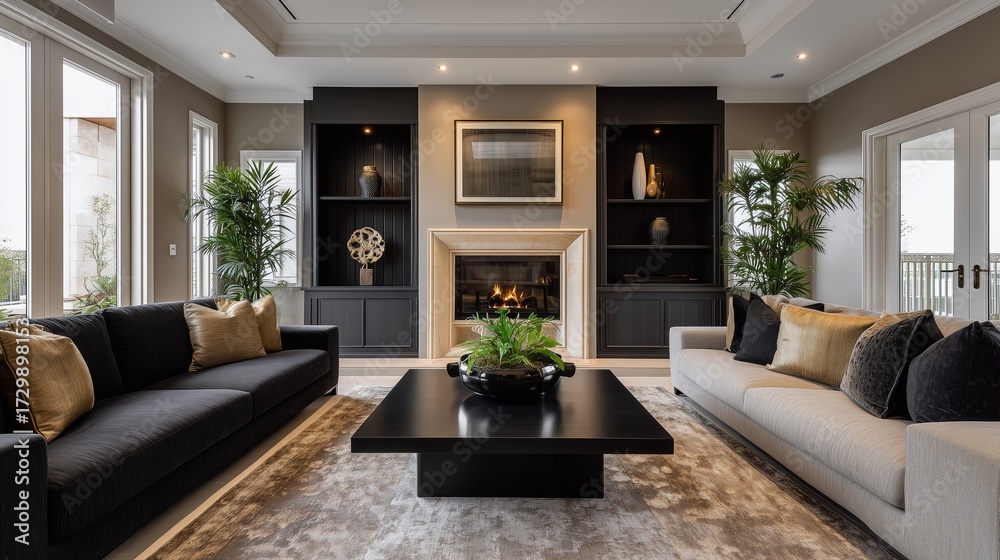 Fototapeta premium Luxurious Living Room: A sophisticated living room in a house showcases stylish decor. with two luxurious sofas and a fireplace. the scene suggests comfort and elegance.