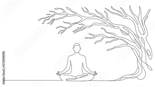 Serene figure meditating in lotus pose under the expansive branches of a stylized tree symbolizing peace mindfulness and connection with nature in a minimalist line art style