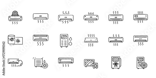Air Conditioning editable stroke line icon symbol set. Air conditioner thin line icons collection. Air Conditioning outline icon pack. Vector illustration image. Isolated on white background