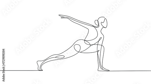 Elegant single line drawing of a woman in a warrior one yoga pose demonstrating strength flexibility and balance with graceful artistic movement on a white background