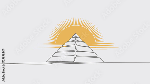 Minimalist line art illustration of a stepped pyramid structure against a radiant sunburst symbolizing ancient egypt and desert landscapes