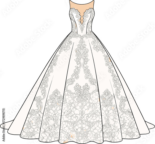 Elegant White Bridal Ball Gown with Lace Embroidery, Sweetheart Neckline, Illusion Mesh – Wedding Fashion Vector for Formal Design