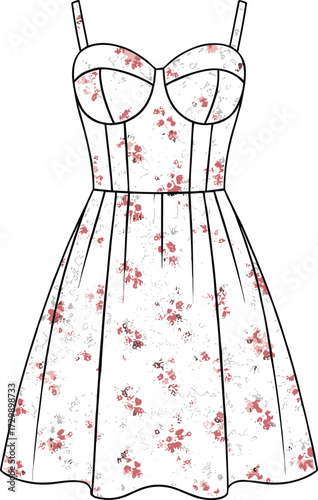 Floral summer dress vector illustration with sweetheart neckline, fitted bodice, flared skirt, sleeveless design for fashion and garment inspiration