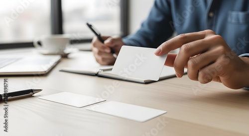 Professional Man Holding Blank Business Card Mockup at Office Desk