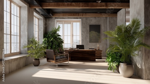 Modern Workspace: A captivating view of a contemporary office space, bathed in natural light, with its blend of raw textures and organic elements. Witness the fusion of comfort and business acumen.