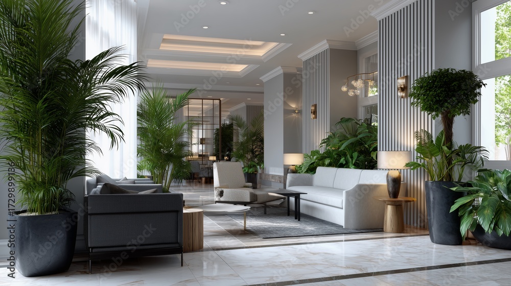 Naklejka premium Luxury Lobby: The interior of a bright and airy lobby featuring exquisite interior design. This space is a blend of luxury and contemporary style, creating a welcoming and sophisticated atmosphere.