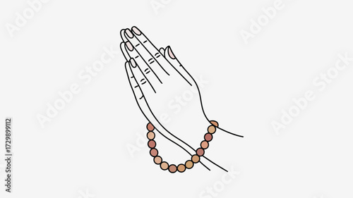 A minimalist line drawing of two hands clasped together in prayer adorned with a mala or prayer beads draped around the wrists symbolizing devotion and spirituality