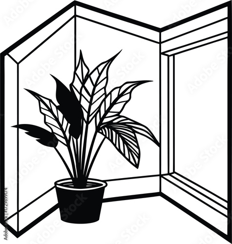 indoor plant corner with natural light line art on transparent background